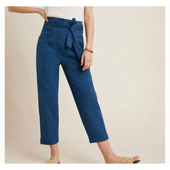Anthropologie Ellie Belted Utility Pants Blue Embroidered Trousers Women’s 4 - Picture 1 of 13